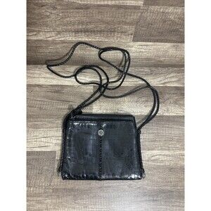 Brighton Black Textured Leather Silver Hardware Crossbody Purse Braided Strap